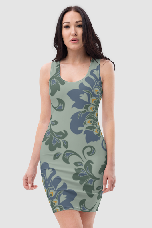 Vintage Peacock Floral Print Women's Sleeveless Fitted Sublimated Mini Dress