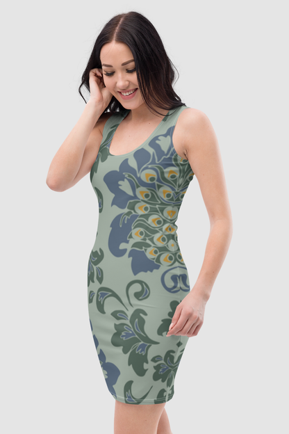 Vintage Peacock Floral Print Women's Sleeveless Fitted Sublimated Mini Dress