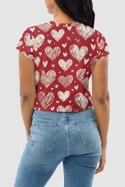 Cutesy Pootsy Hearts Graphic Print Women's Sublimated Crop Top T-Shirt