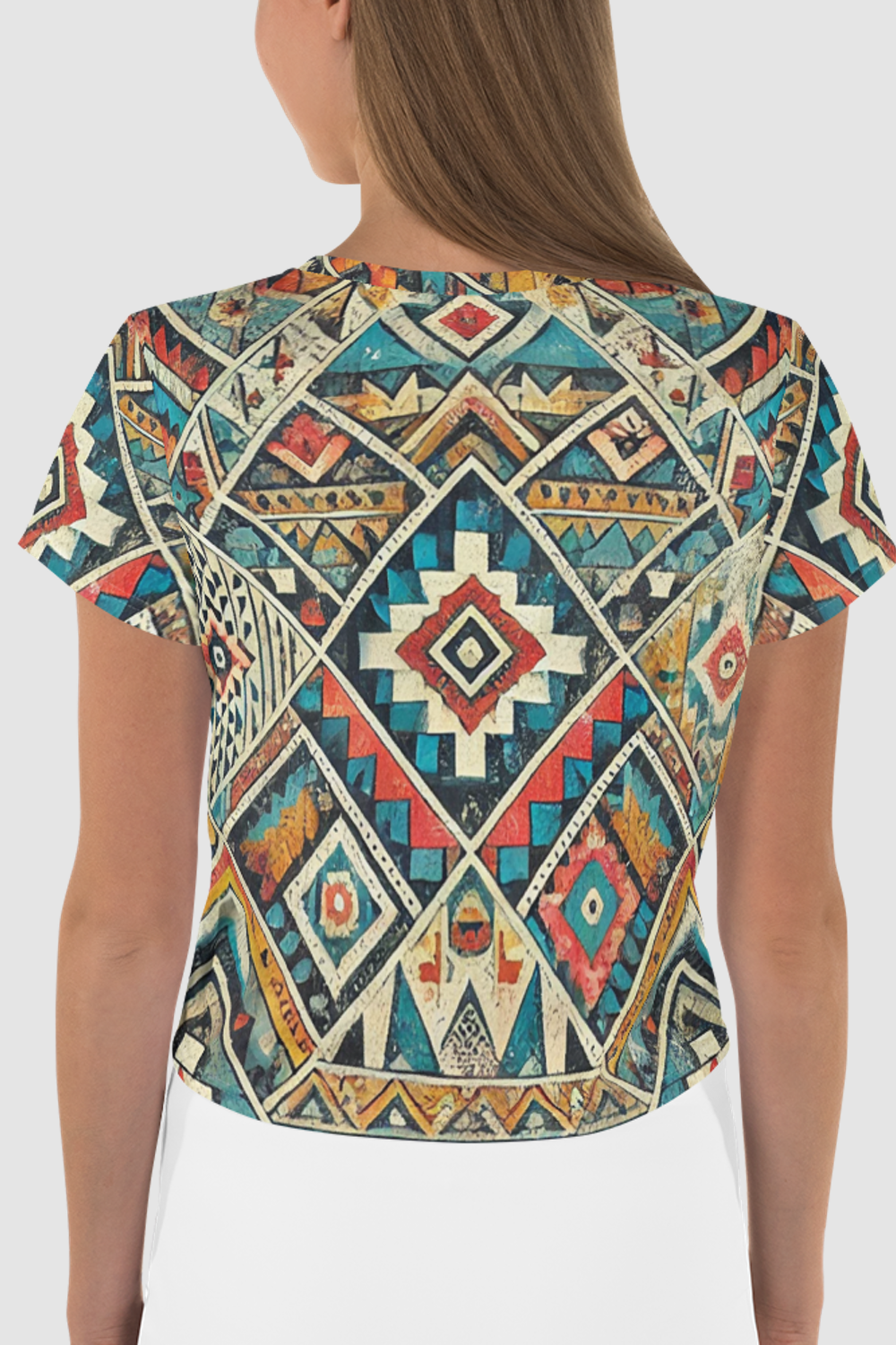 Grungy Multi-Colored Aztec Graphic Print Women's Sublimated Crop Top T-Shirt