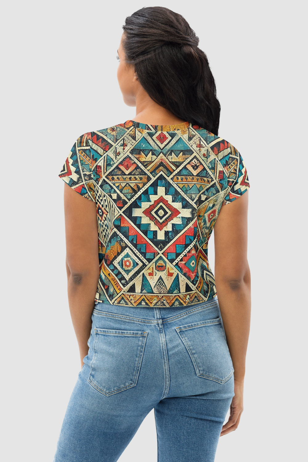 Grungy Multi-Colored Aztec Graphic Print Women's Sublimated Crop Top T-Shirt