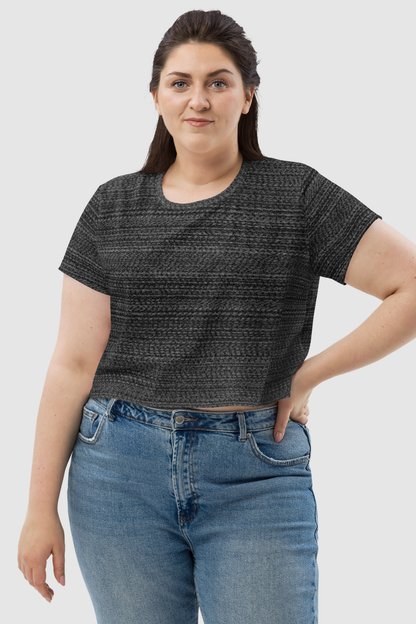 Dark Gray Faux Nylon Texture Print Women's Sublimated Crop Top T-Shirt