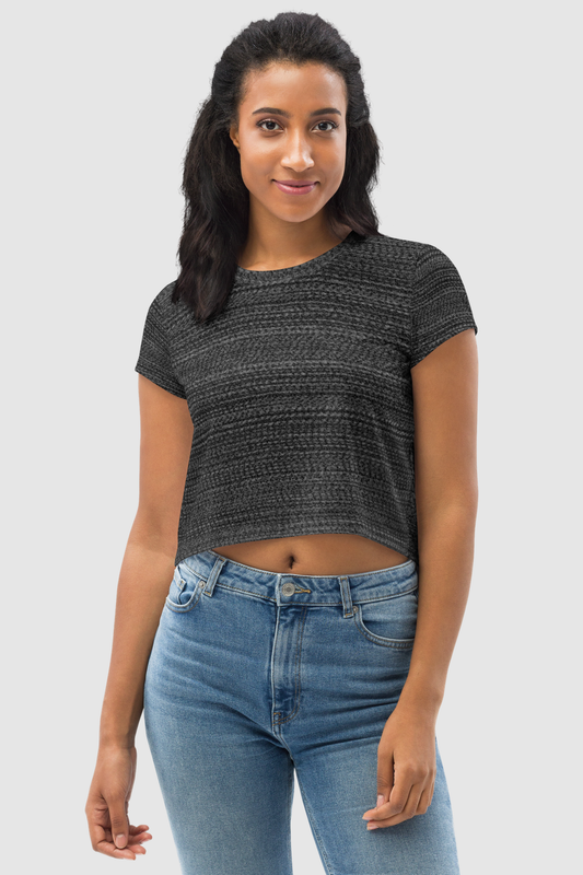 Dark Gray Faux Nylon Texture Print Women's Sublimated Crop Top T-Shirt