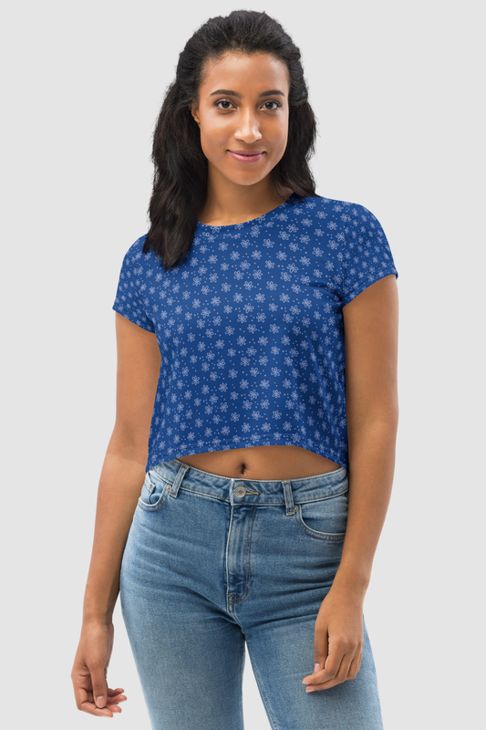 Dark Cerulean Floral Print Women's Sublimated Crop Top T-Shirt