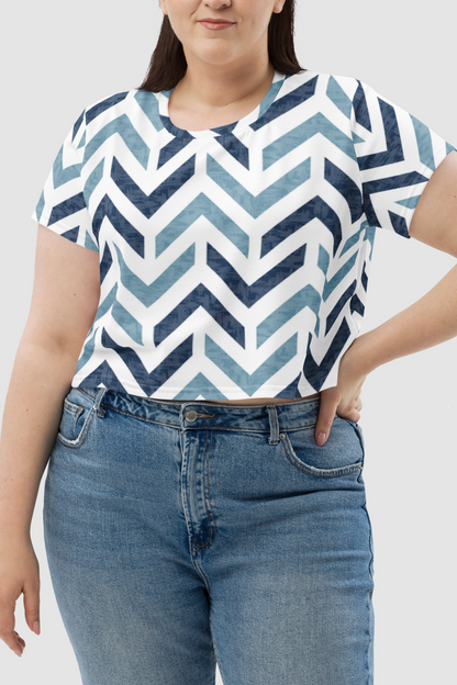 Retro Blue Stone Chevron Print Women's Sublimated Crop Top T-Shirt