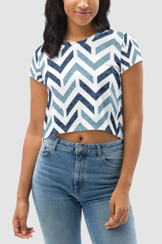 Retro Blue Stone Chevron Print Women's Sublimated Crop Top T-Shirt