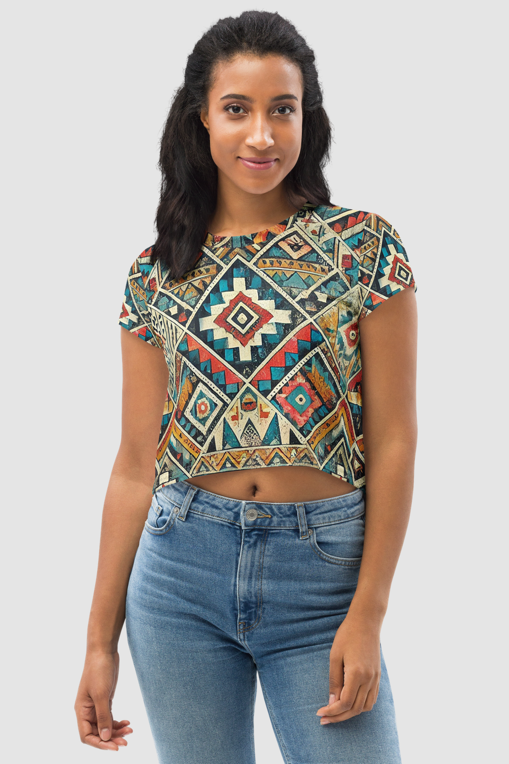 Grungy Multi-Colored Aztec Graphic Print Women's Sublimated Crop Top T-Shirt