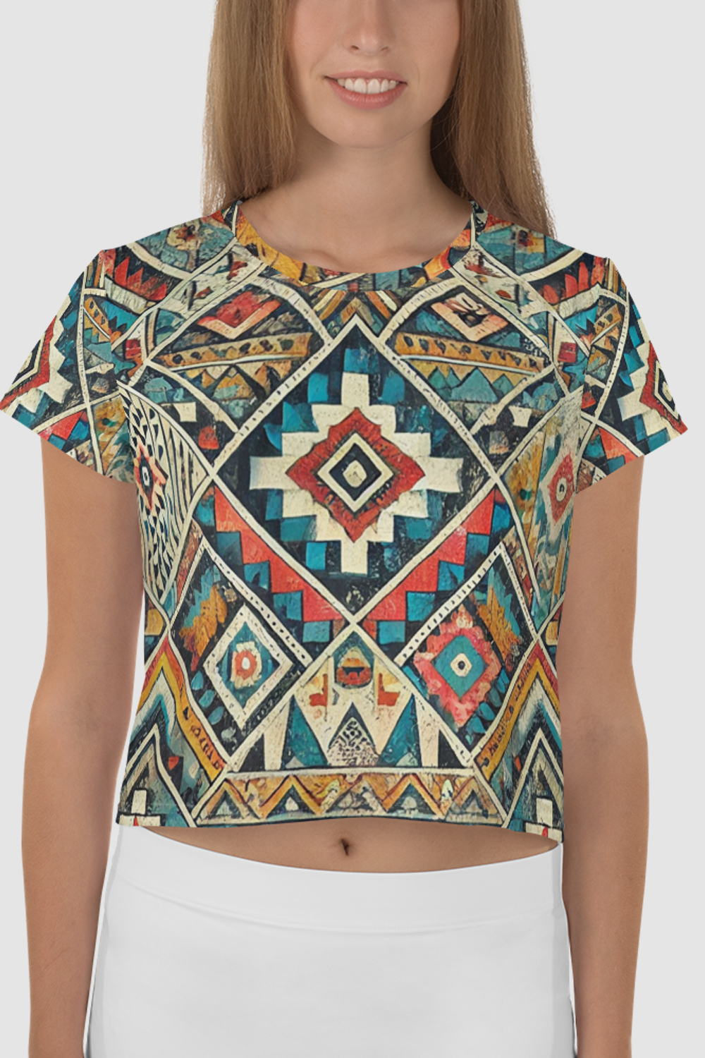 Grungy Multi-Colored Aztec Graphic Print Women's Sublimated Crop Top T-Shirt