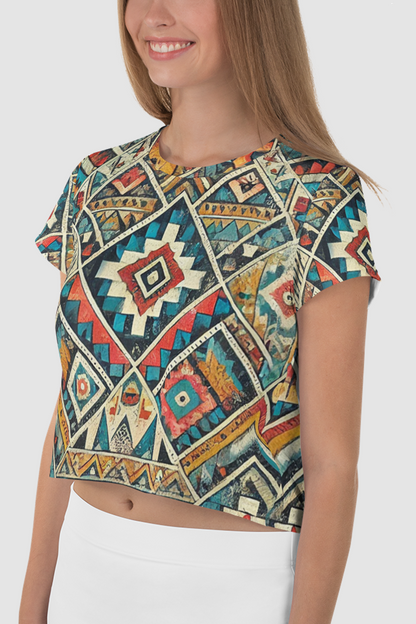 Grungy Multi-Colored Aztec Graphic Print Women's Sublimated Crop Top T-Shirt