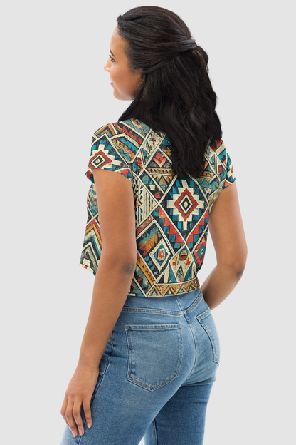 Grungy Multi-Colored Aztec Graphic Print Women's Sublimated Crop Top T-Shirt