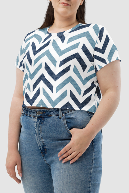 Retro Blue Stone Chevron Print Women's Sublimated Crop Top T-Shirt