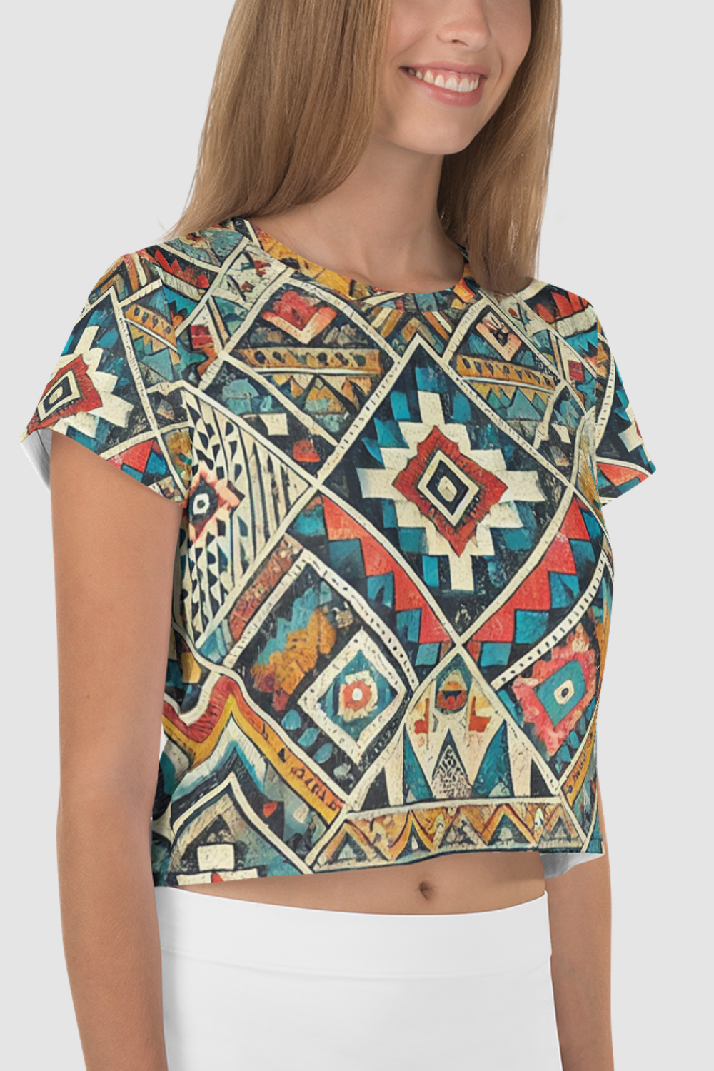 Grungy Multi-Colored Aztec Graphic Print Women's Sublimated Crop Top T-Shirt