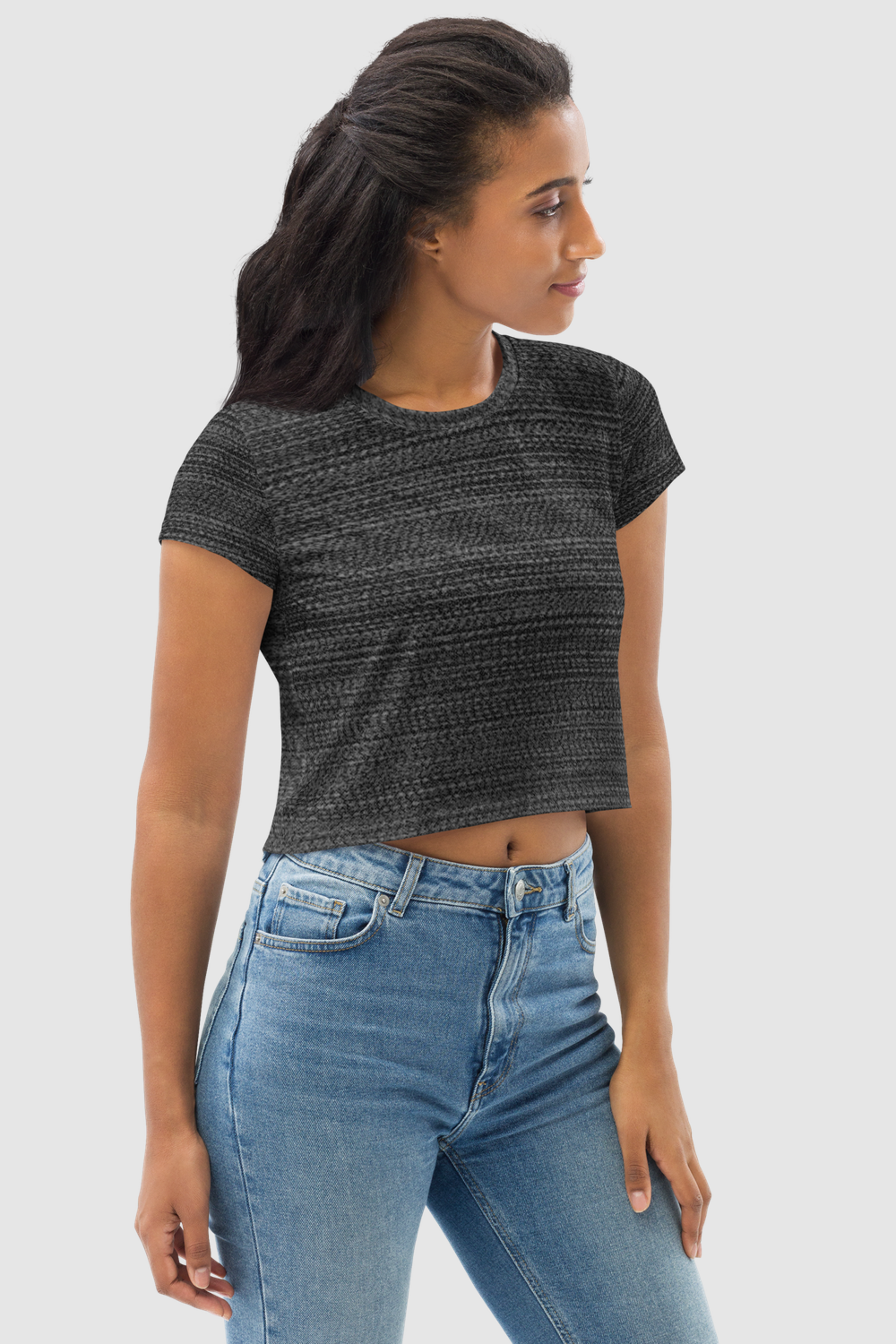 Dark Gray Faux Nylon Texture Print Women's Sublimated Crop Top T-Shirt