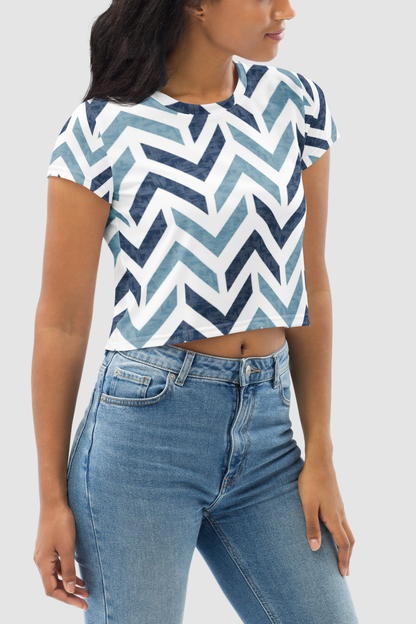 Retro Blue Stone Chevron Print Women's Sublimated Crop Top T-Shirt