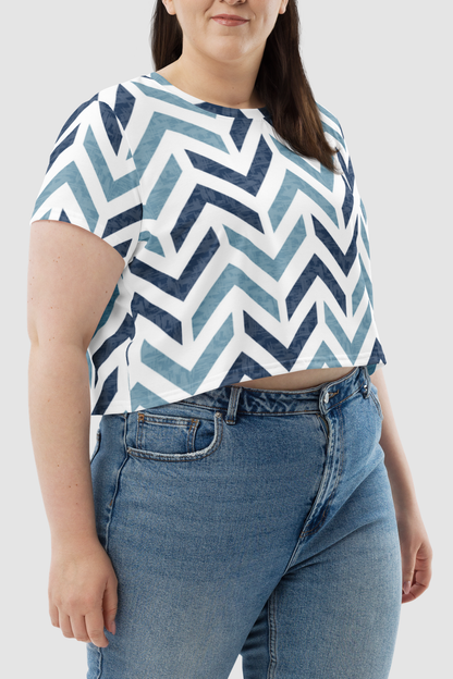 Retro Blue Stone Chevron Print Women's Sublimated Crop Top T-Shirt