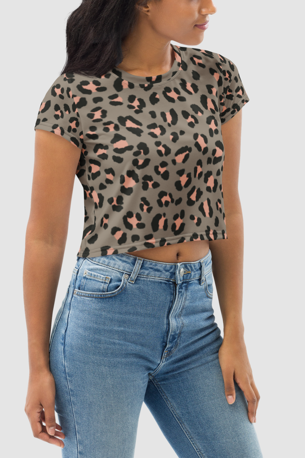 Olive Cheetah Animal Graphic Print Women's Sublimated Crop Top T-Shirt