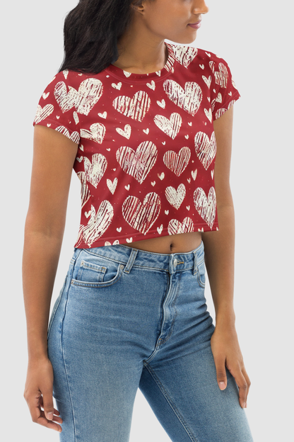 Cutesy Pootsy Hearts Graphic Print Women's Sublimated Crop Top T-Shirt