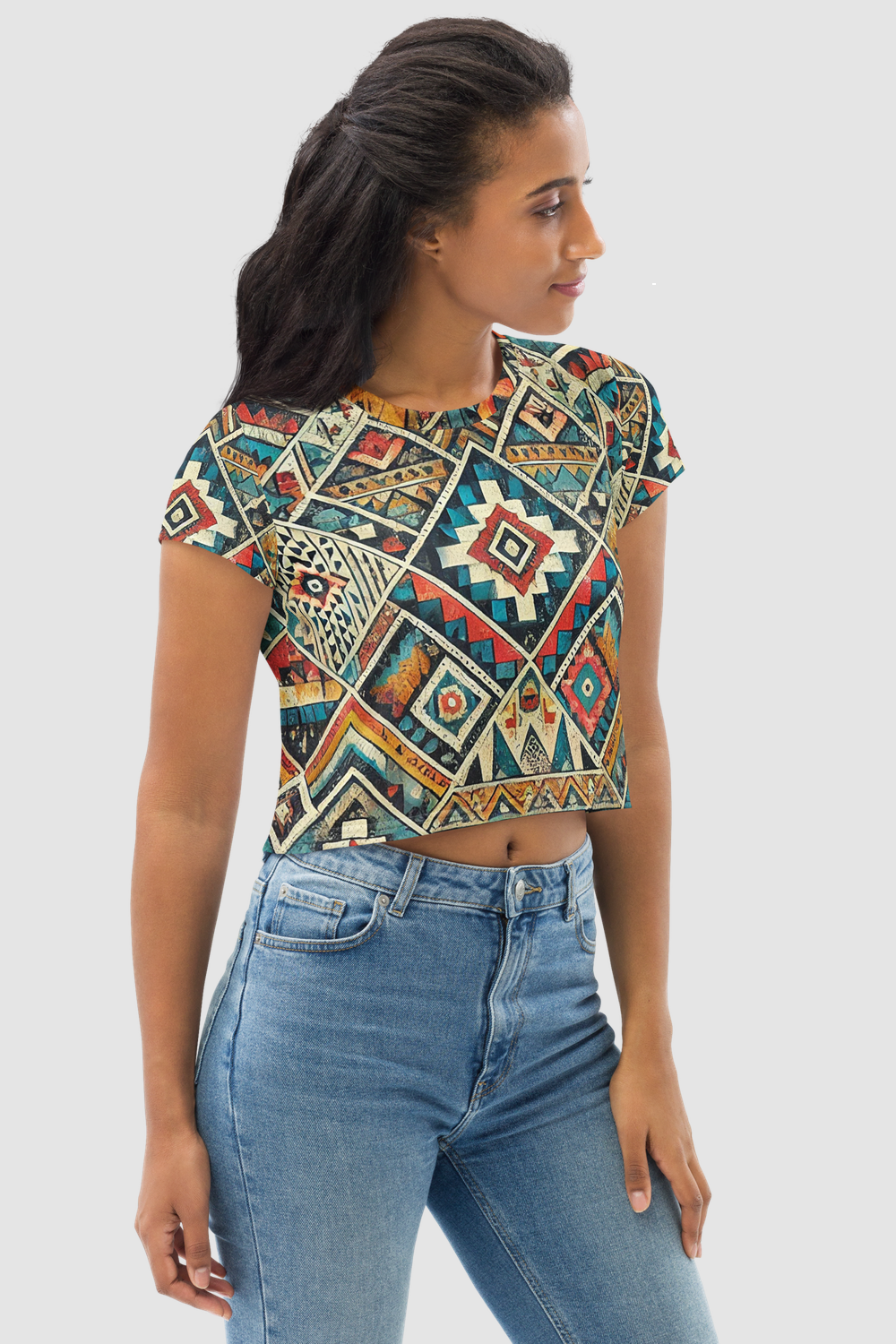 Grungy Multi-Colored Aztec Graphic Print Women's Sublimated Crop Top T-Shirt