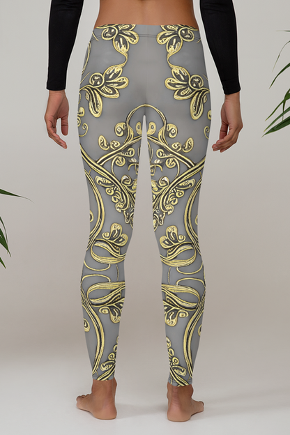 Elven Floral Vines Vintage White Gold Women's Standard Yoga Leggings