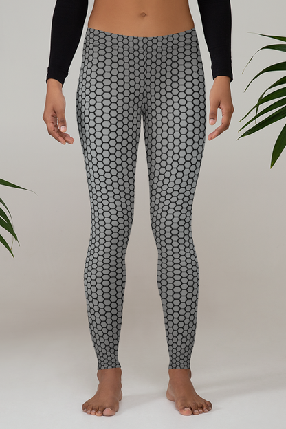 Midnight Silver Honeycomb Grid Pattern Women's Standard Yoga Leggings