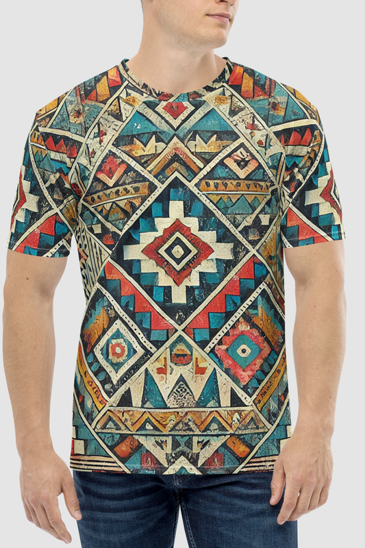 Grungy Multi-Colored Aztec Graphic Print Men's Sublimated T-Shirt