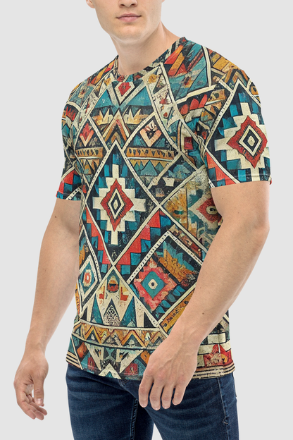 Grungy Multi-Colored Aztec Graphic Print Men's Sublimated T-Shirt