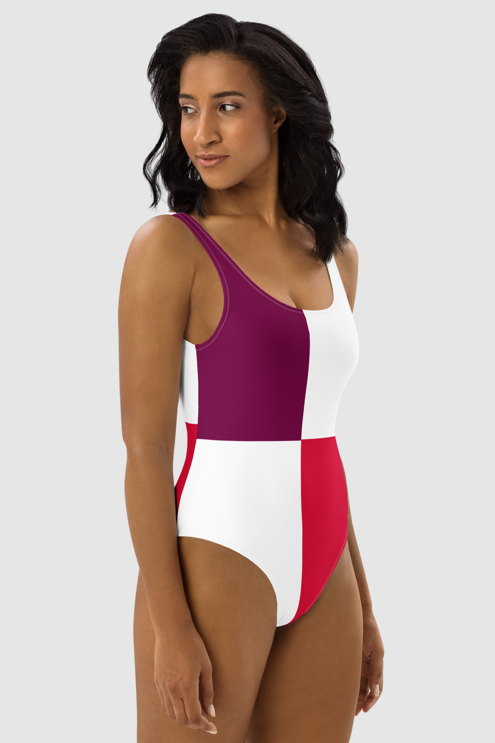 Maroon Red & White Color Block Print Women's One-Piece Swimsuit