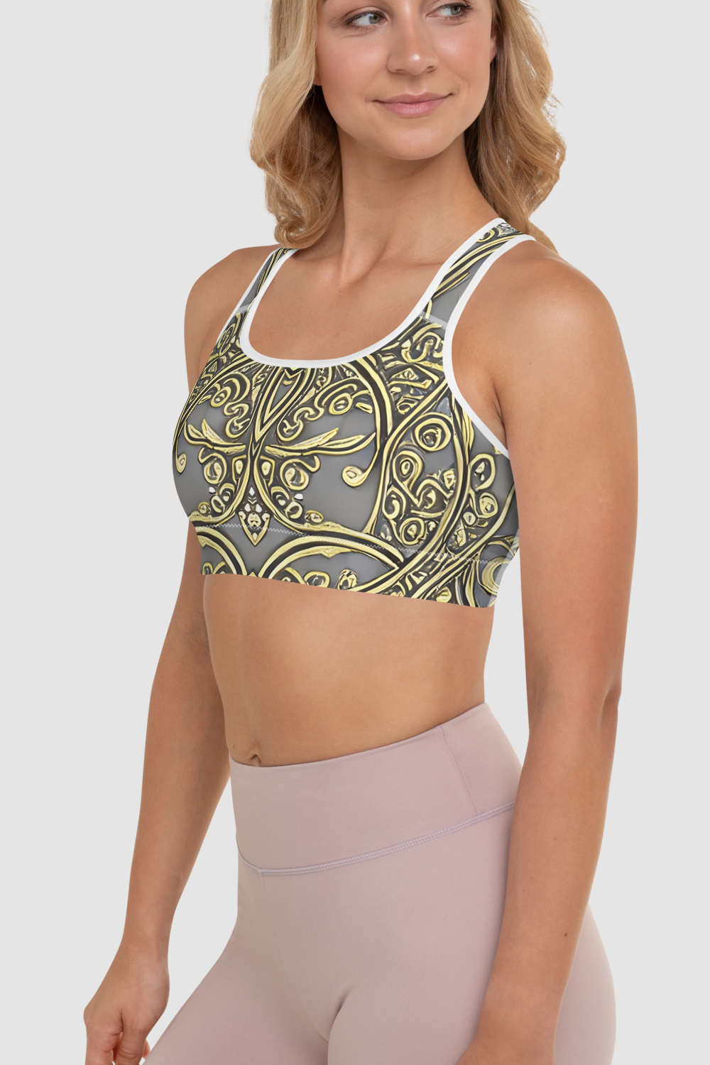 Elven Floral Vines Vintage White Gold Women's Padded Sports Bra