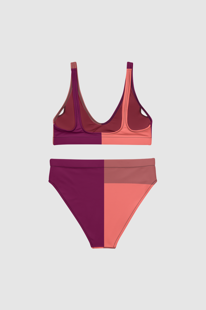 Burgundy Terracotta Color Block Print Women's Essential High-Waisted Bikini