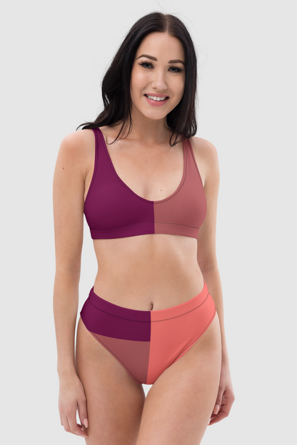 Burgundy Terracotta Color Block Print Women's Essential High-Waisted Bikini