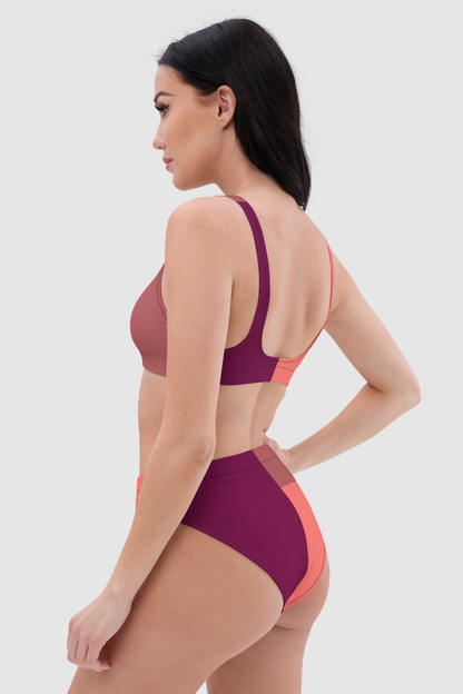 Burgundy Terracotta Color Block Print Women's Essential High-Waisted Bikini