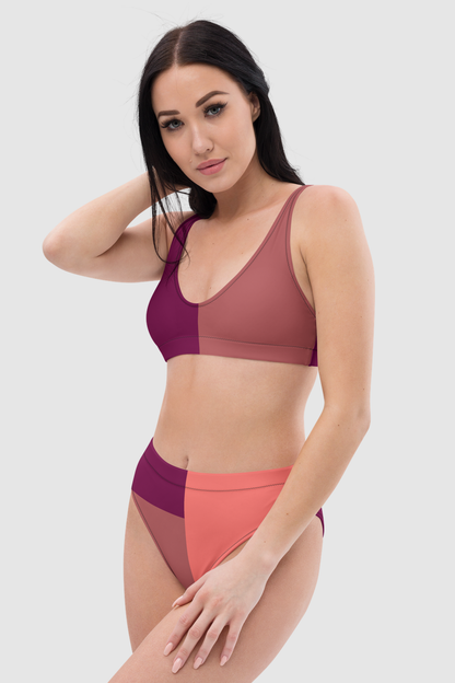 Burgundy Terracotta Color Block Print Women's Essential High-Waisted Bikini