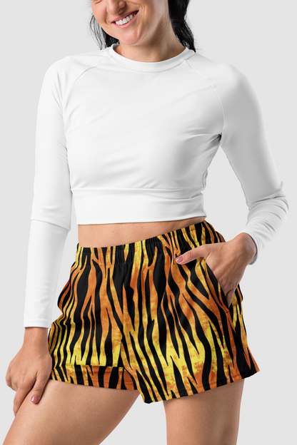 Premium Gold Tiger Stripes Graphic Print Women’s Recycled Athletic Shorts