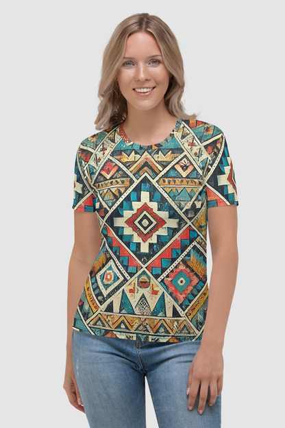 Grungy Multi-Colored Aztec Graphic Print Women's Sublimated T-Shirt