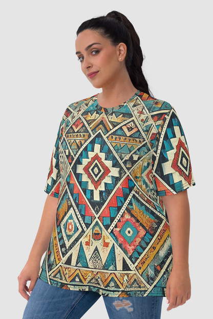 Grungy Multi-Colored Aztec Graphic Print Women's Sublimated T-Shirt