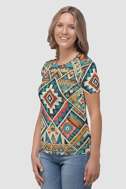 Grungy Multi-Colored Aztec Graphic Print Women's Sublimated T-Shirt