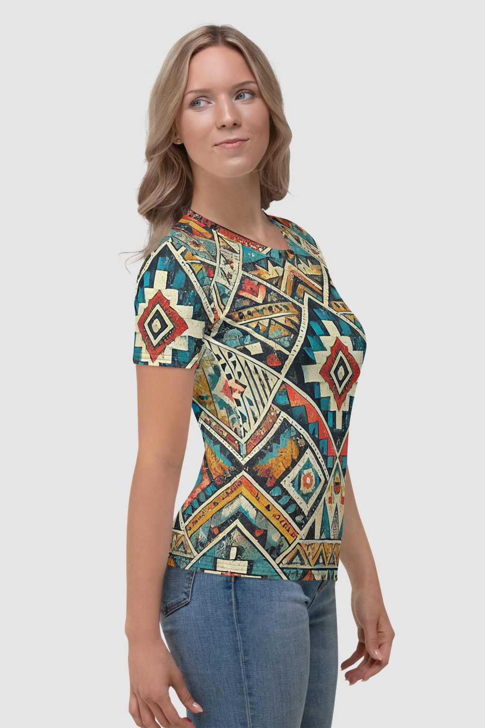 Grungy Multi-Colored Aztec Graphic Print Women's Sublimated T-Shirt