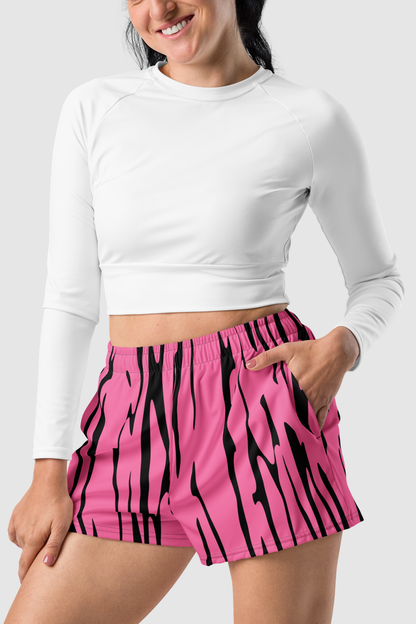 Brilliant Rose Pink Abstract Zebra Print Women’s Recycled Athletic Shorts