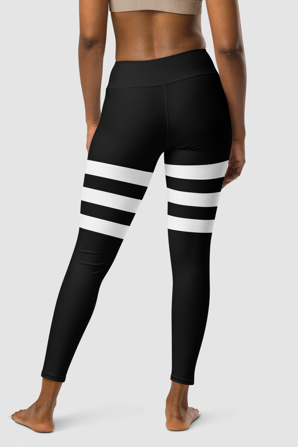 Black And White Triple Thigh Striped Women's High Waist Yoga Leggings