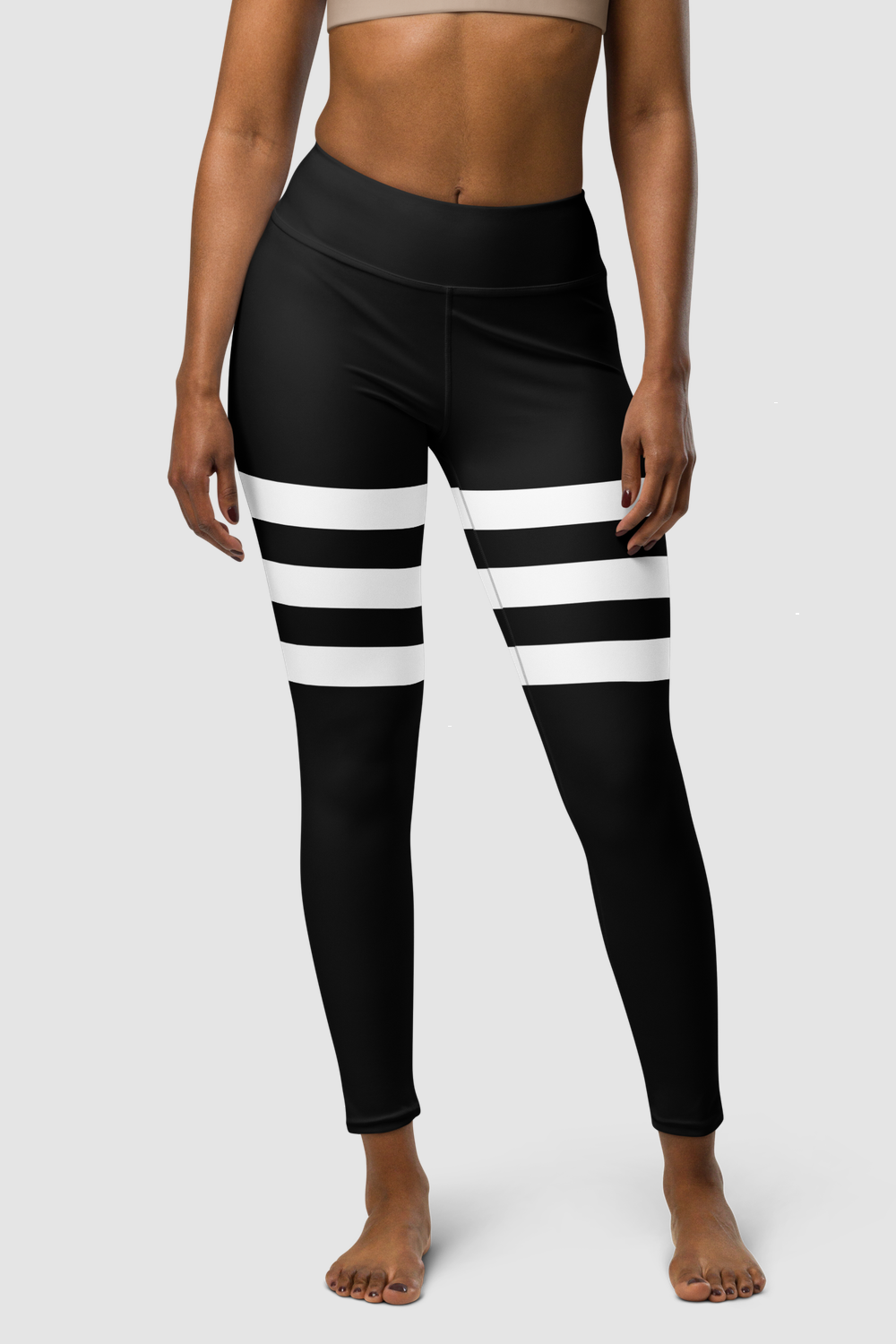 Black And White Triple Thigh Striped Women's High Waist Yoga Leggings