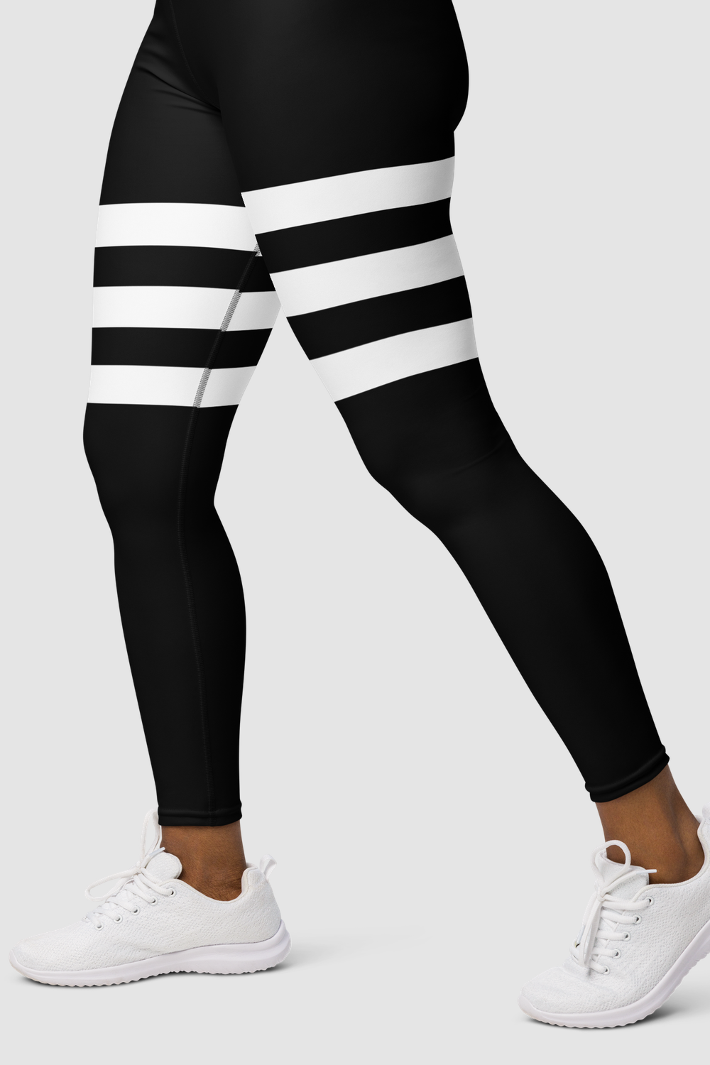 Black And White Triple Thigh Striped Women's High Waist Yoga Leggings