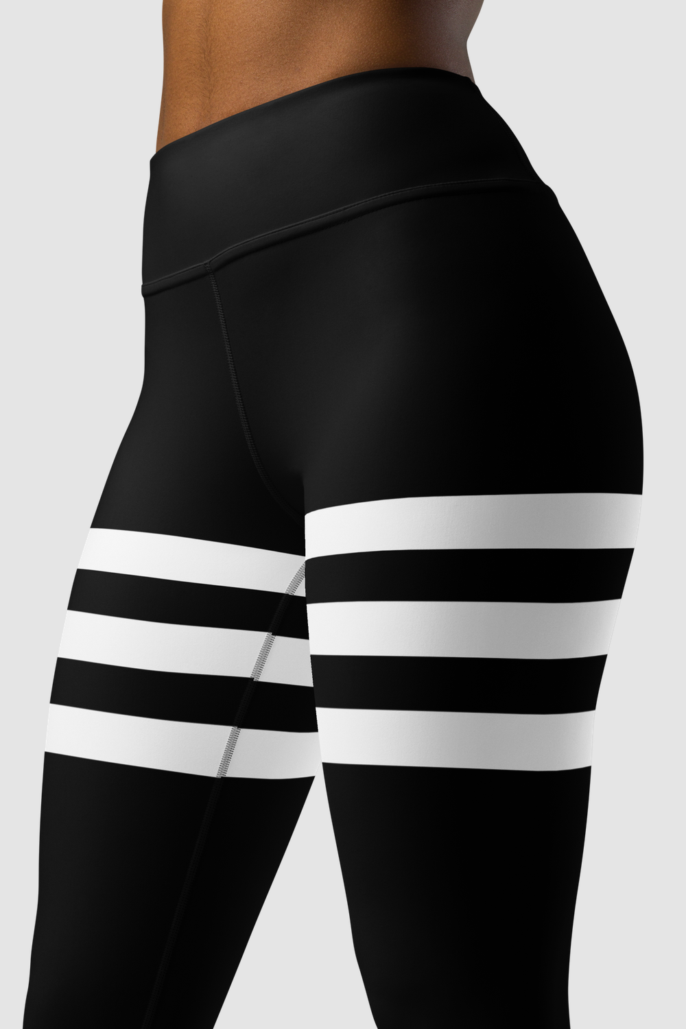 Black And White Triple Thigh Striped Women's High Waist Yoga Leggings