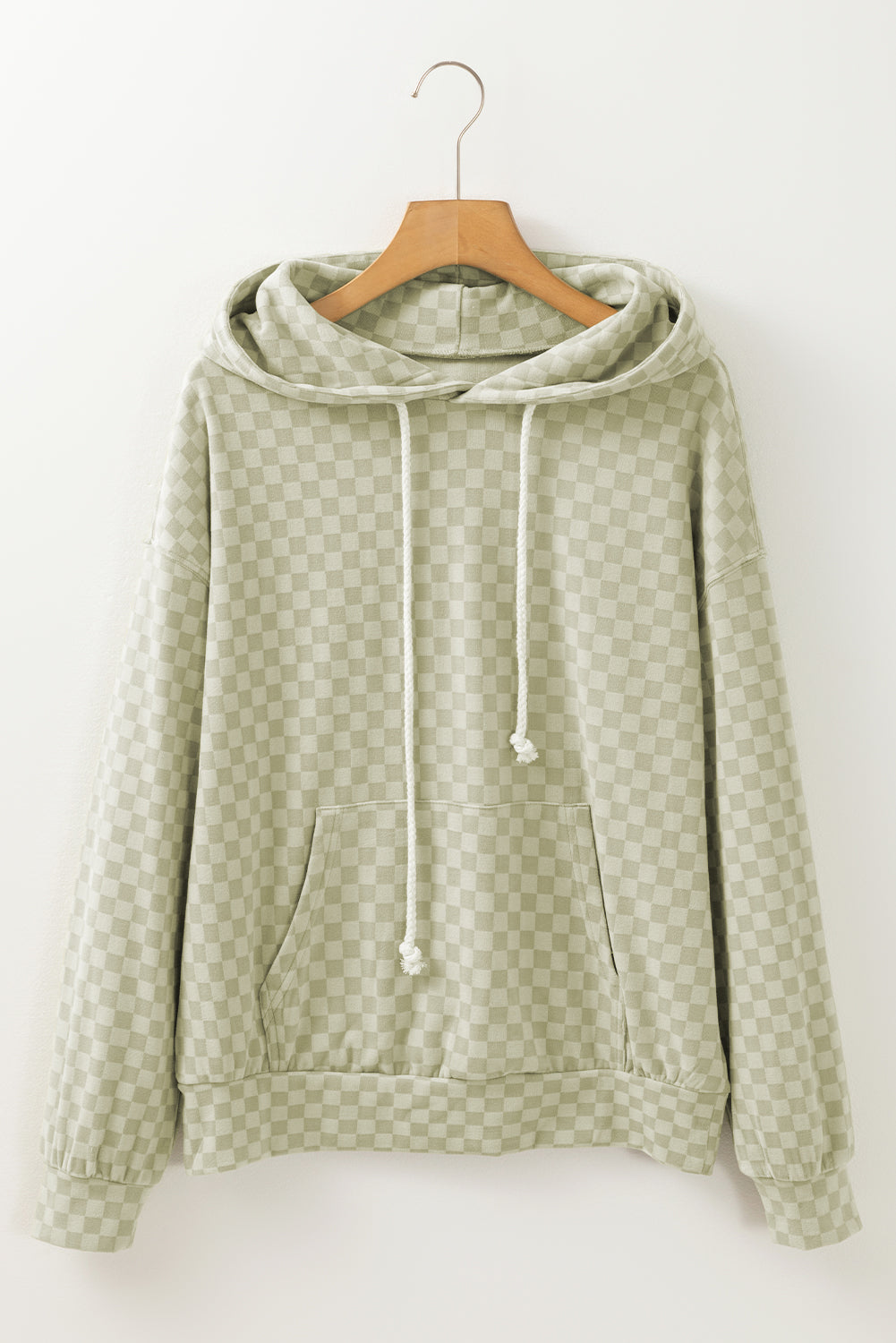 Green Checkered Print Kangaroo Pocket Drawstring Hoodie