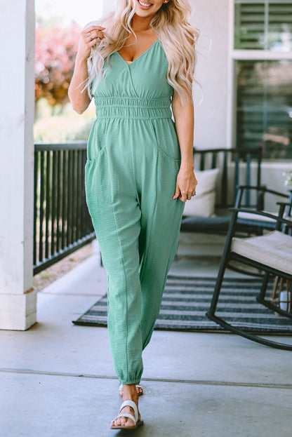 Green Shirred High Waist Sleeveless V Neck Jumpsuit