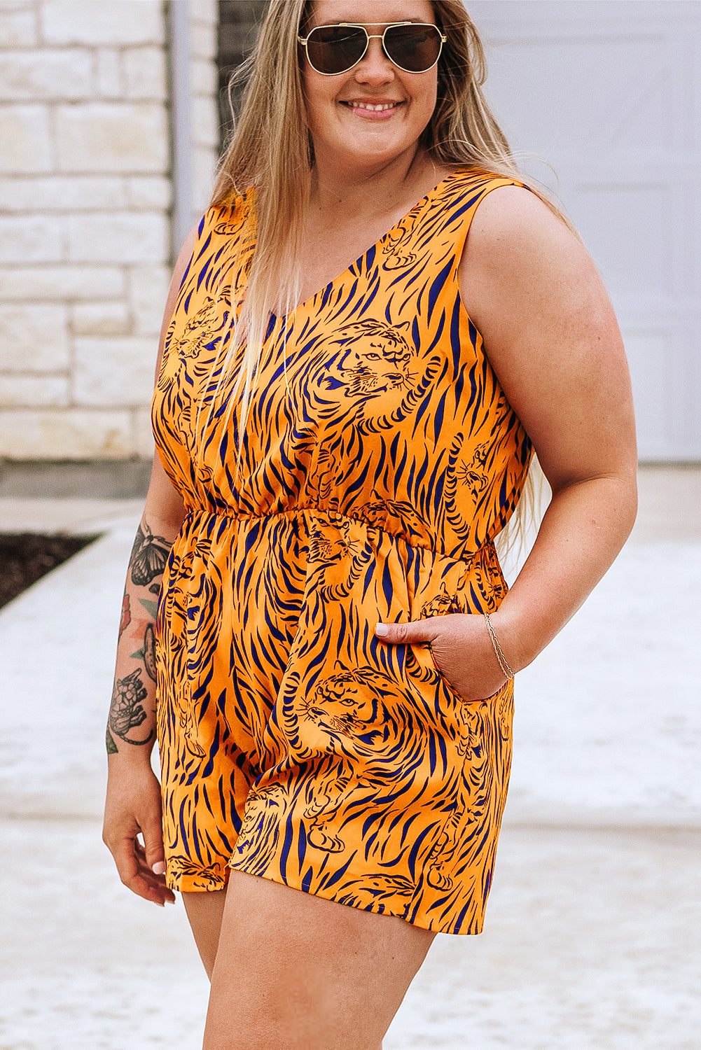 Yellow Plus Size Tiger Print Sleeveless V Neck Romper