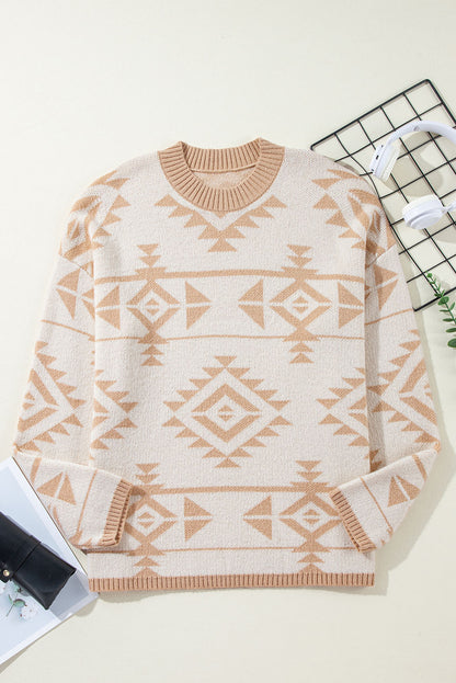 Apricot Plus Size Western Aztec Print Loose Sweater