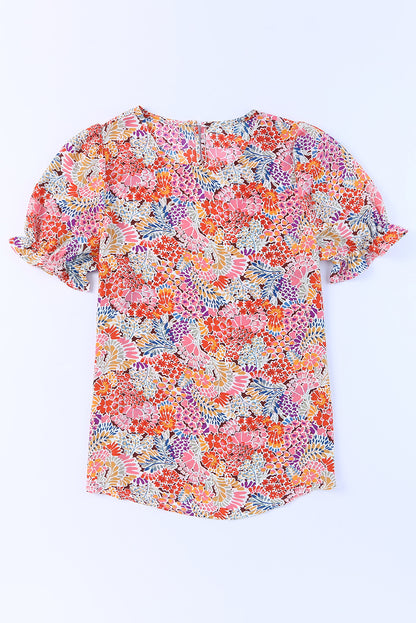 Multicolor Mix Floral Pattern Bubble Sleeve Blouse