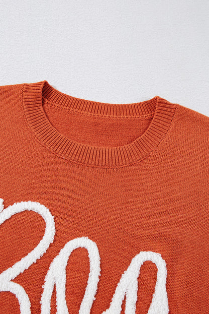 Orange Boo Knitted Pattern Ribbed Edge Drop Shoulder Sweater