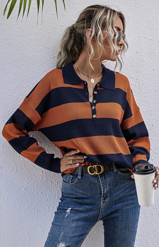 Women's Autumn Fashion Orange Striped Pullover Sweatshirt