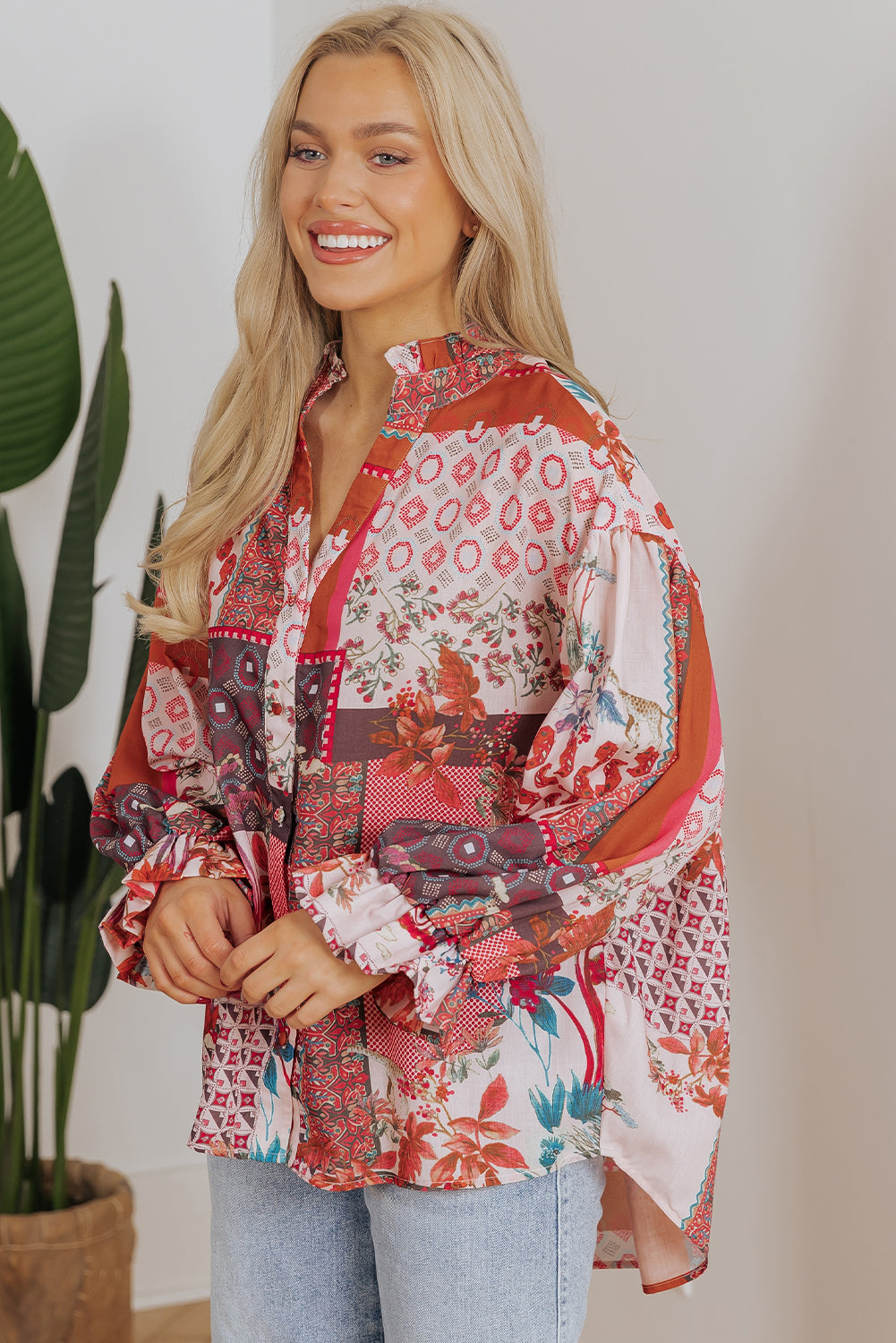 Red Boho Geometric Mixed Print Patchwork Bubble Sleeve Shirt